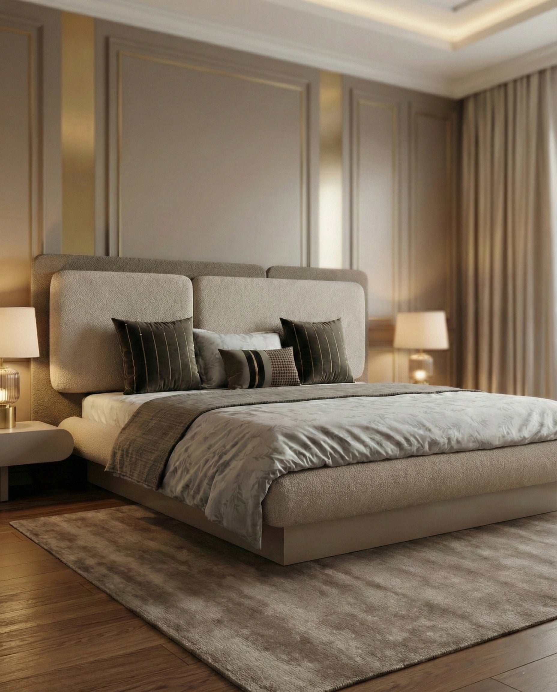 Beautiful premium boucle platform king bed crafted by Arris Concepts Luxury Pvt. Ltd.