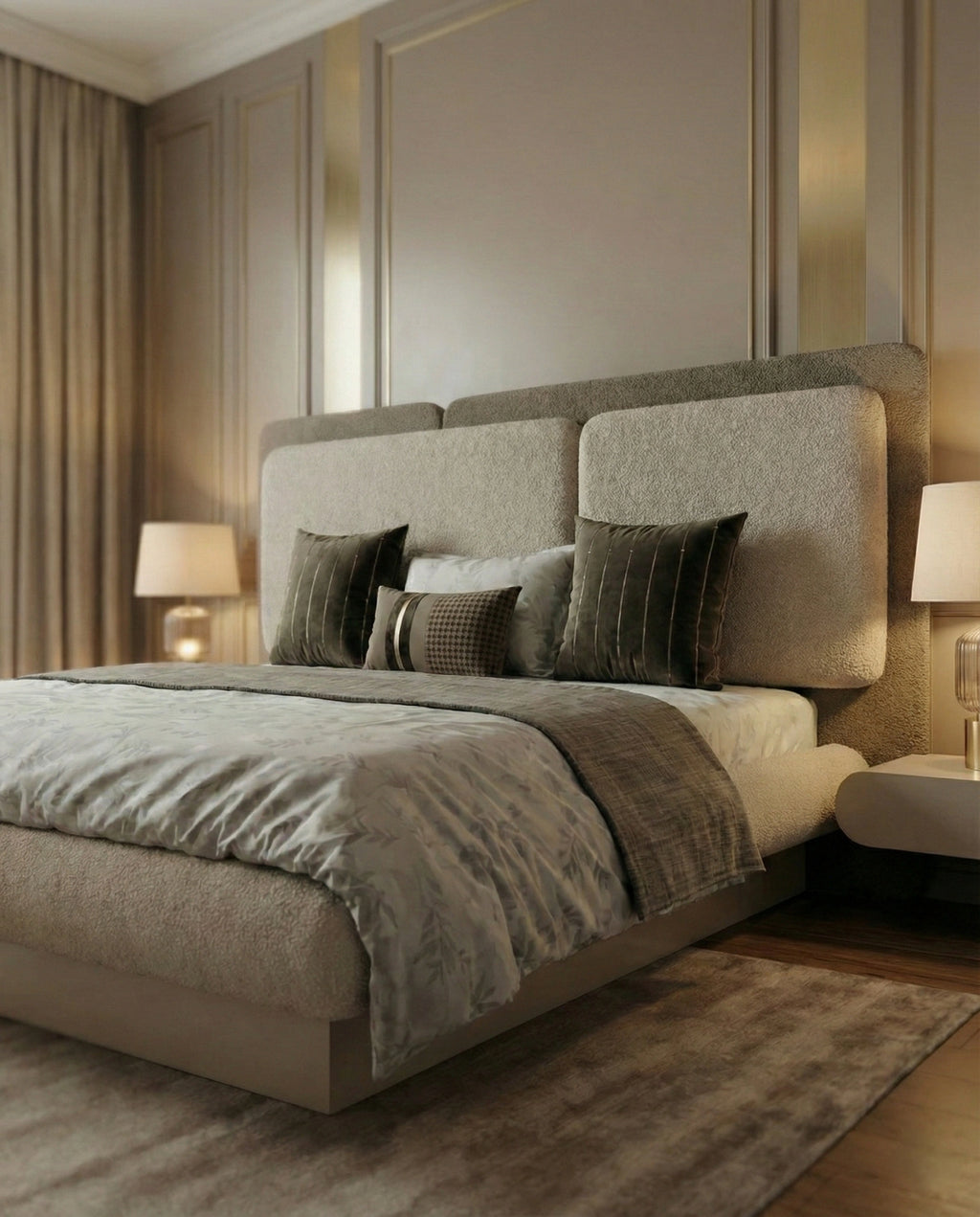 Beautiful premium boucle platform king bed crafted by Arris Concepts Luxury Pvt. Ltd.