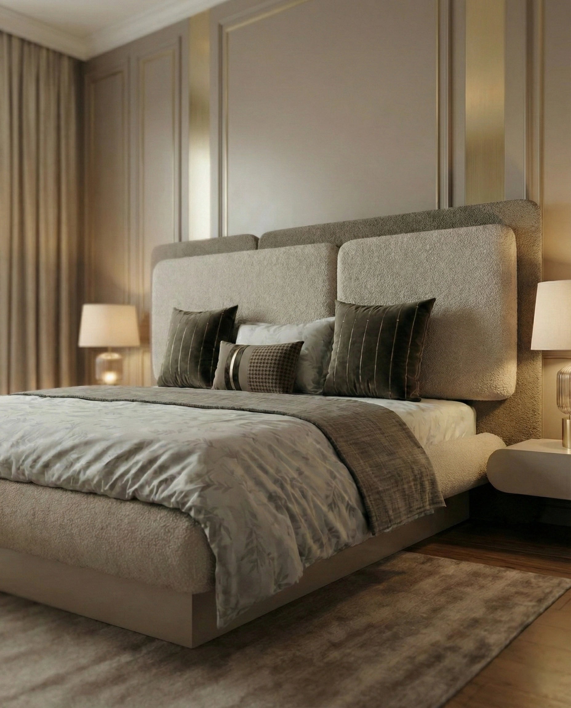 Beautiful premium boucle platform king bed crafted by Arris Concepts Luxury Pvt. Ltd.