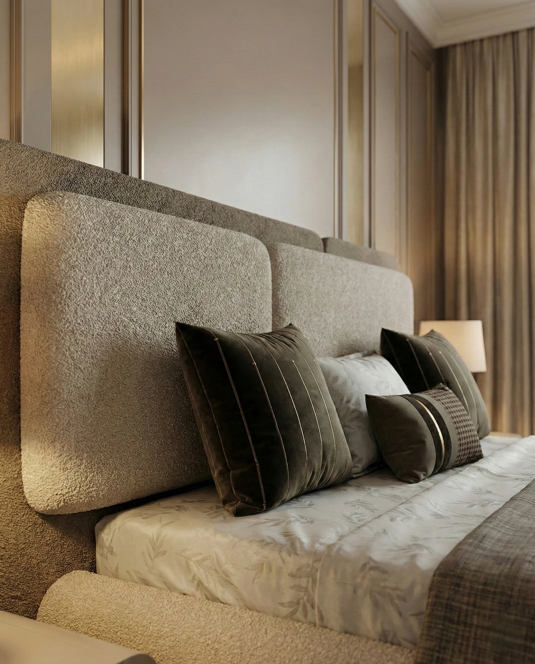 Beautiful premium boucle platform king bed crafted by Arris Concepts Luxury Pvt. Ltd.