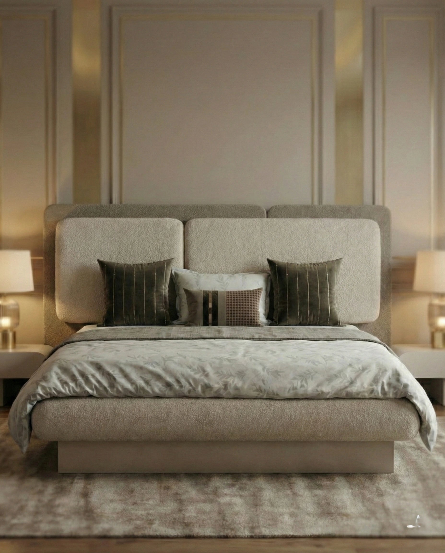 Beautiful premium boucle platform king bed crafted by Arris Concepts Luxury Pvt. Ltd.