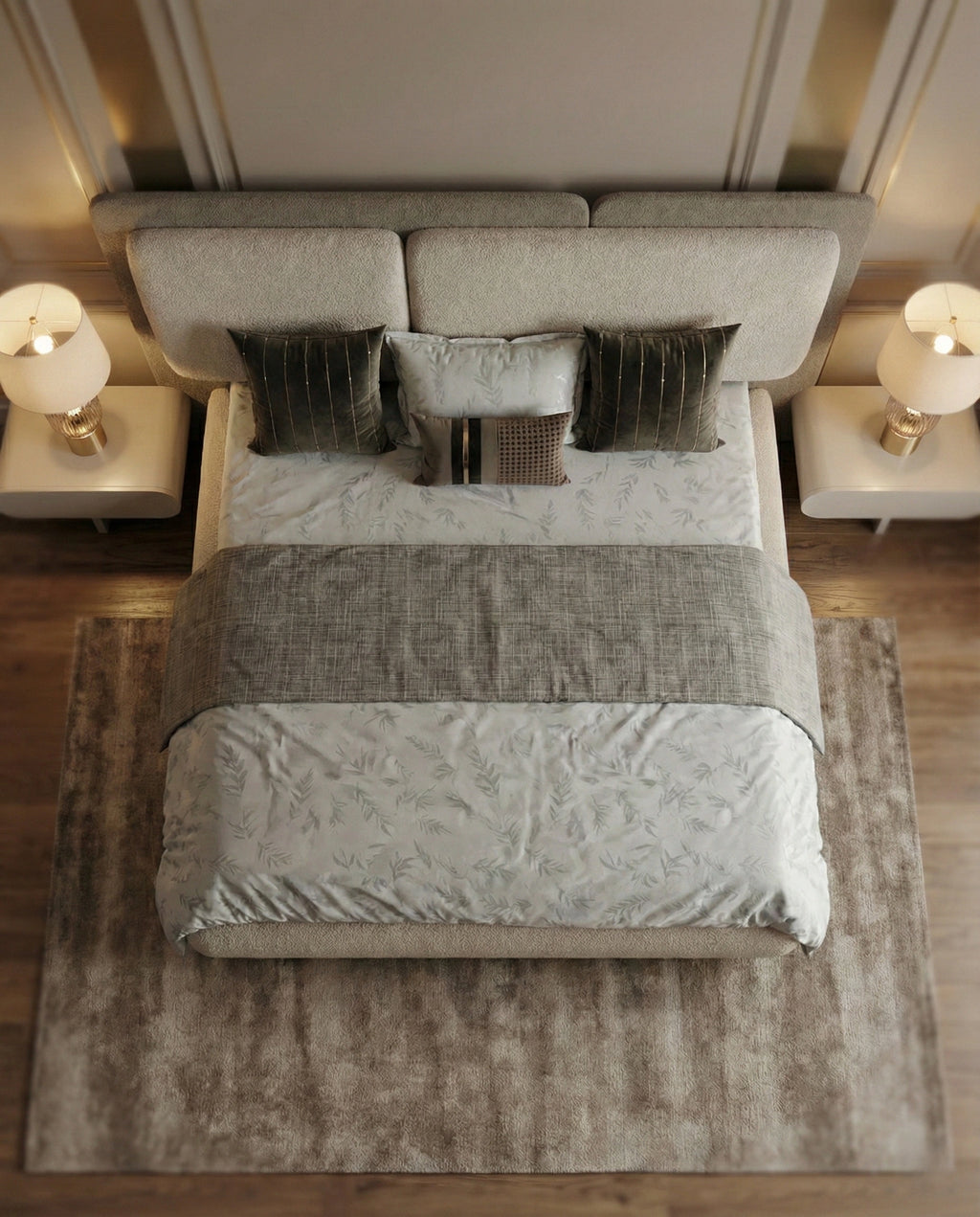 Beautiful premium boucle platform king bed crafted by Arris Concepts Luxury Pvt. Ltd.