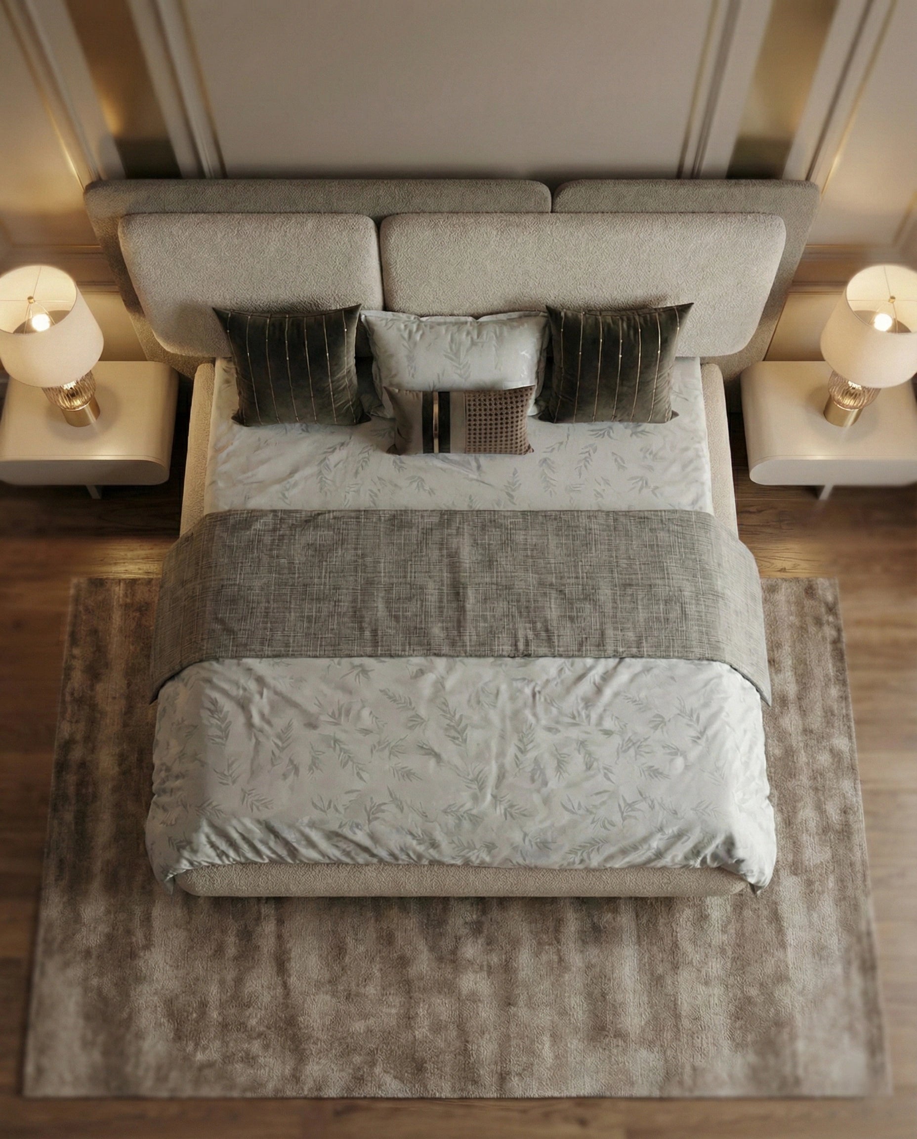 Beautiful premium boucle platform king bed crafted by Arris Concepts Luxury Pvt. Ltd.