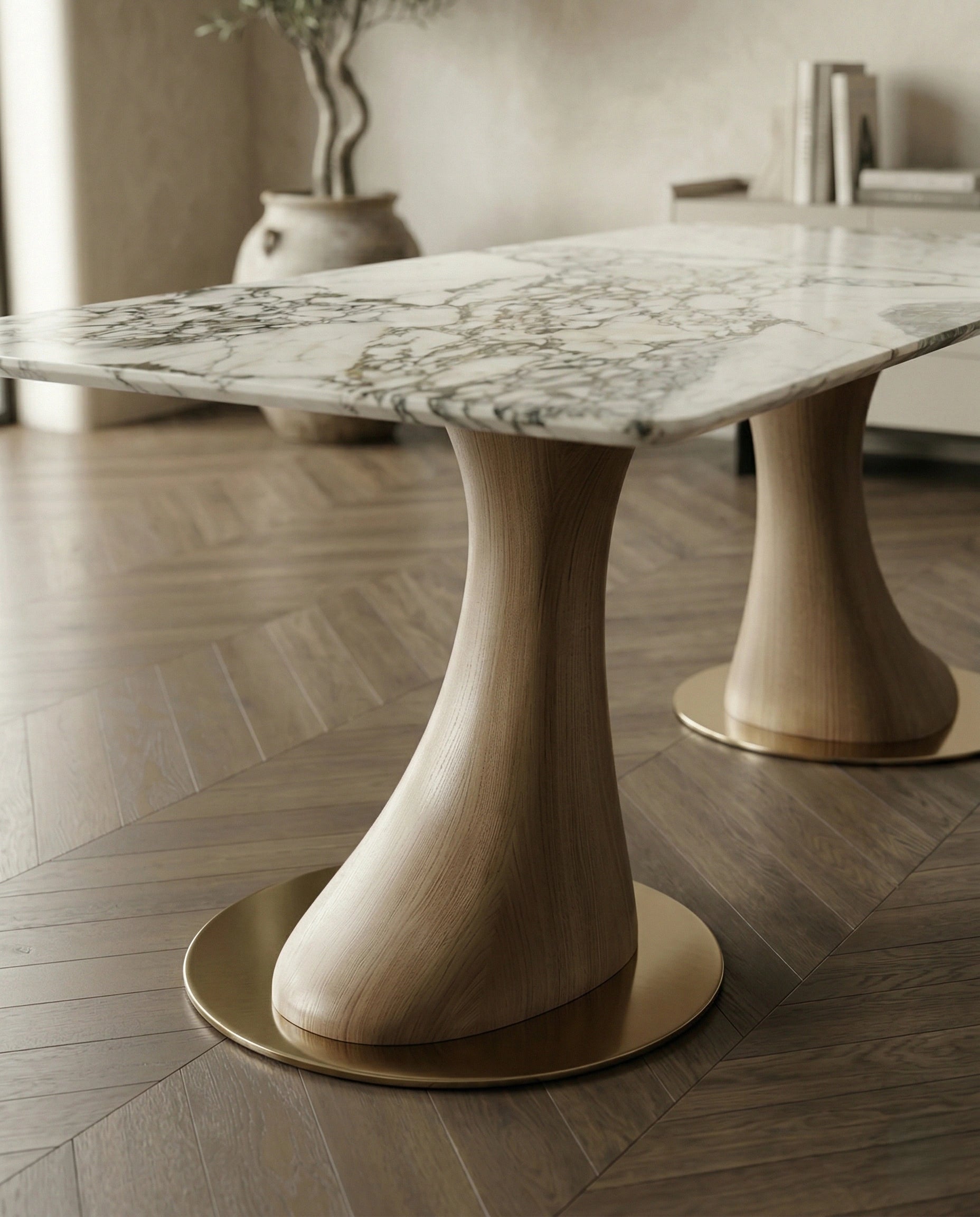 Beautiful premium 6 seater marble dining table with sculpted wood pedestals crafted by Arris Concepts Luxury Pvt. Ltd.