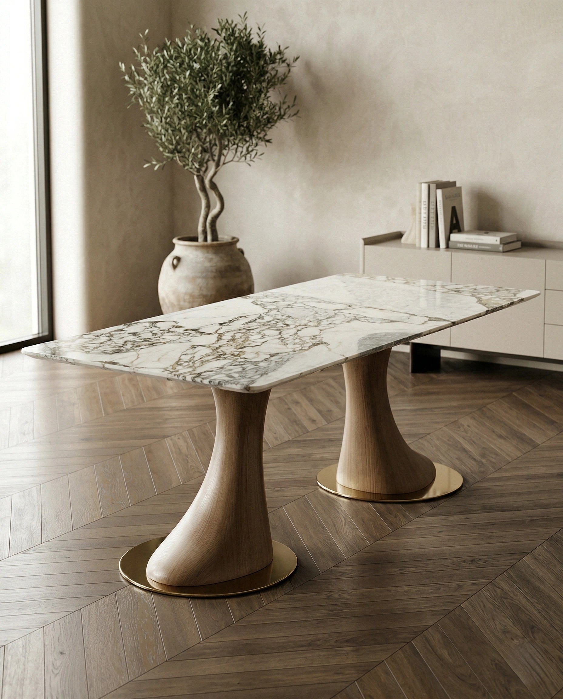 Beautiful premium 6 seater marble dining table with sculpted wood pedestals crafted by Arris Concepts Luxury Pvt. Ltd.