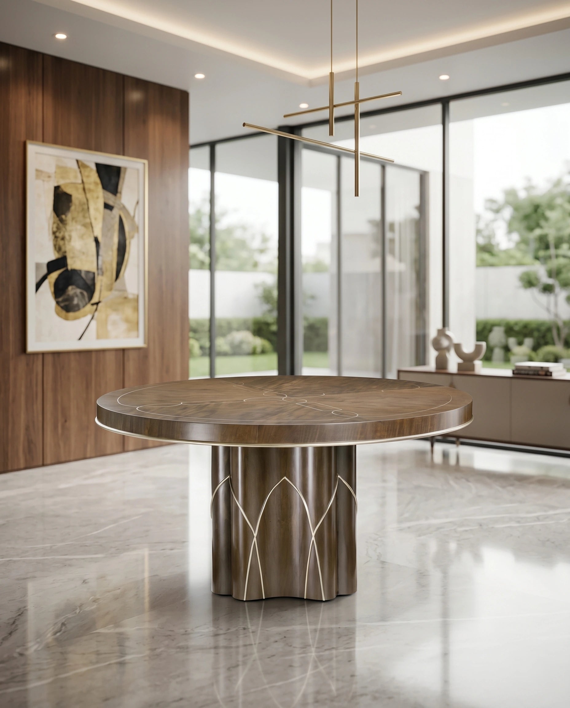 Architectural Walnut & Brass Inlay Round Dining Table Arris Concepts