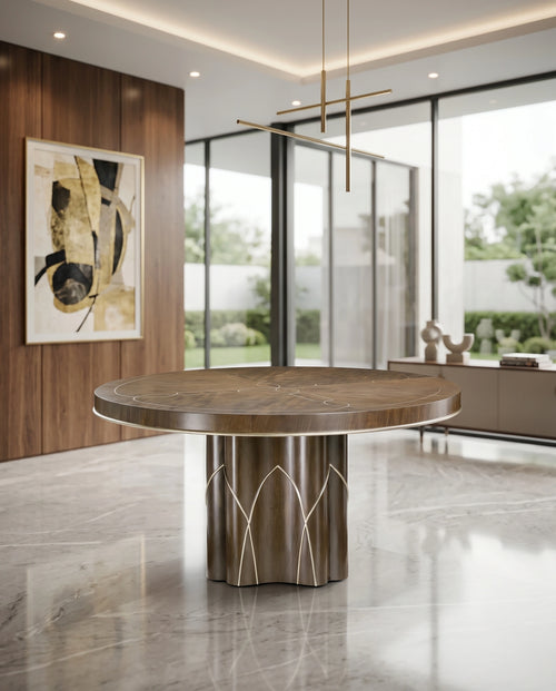 Architectural Walnut & Brass Inlay Round Dining Table Arris Concepts