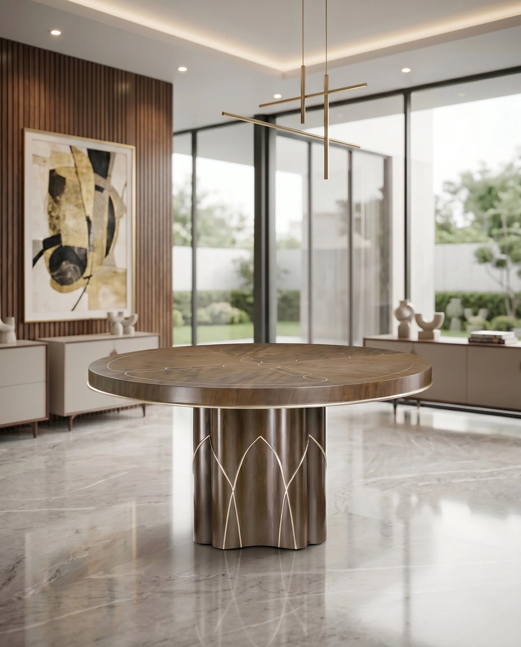 Architectural Walnut & Brass Inlay Round Dining Table Arris Concepts