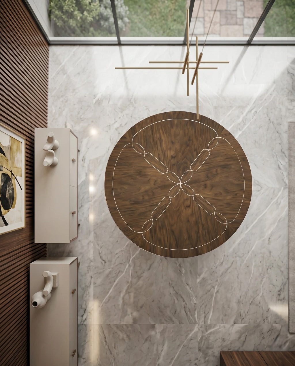Architectural Walnut & Brass Inlay Round Dining Table Arris Concepts