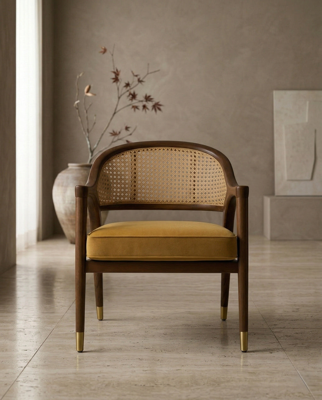 Mid-Century Cane & Velvet Accent Chair Arris Concepts