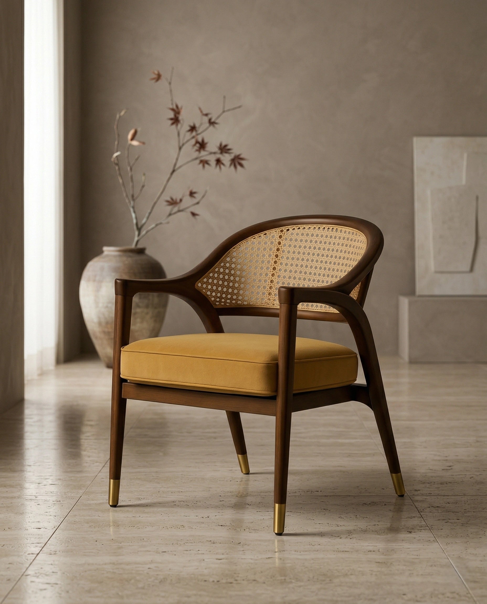 Mid-Century Cane & Velvet Accent Chair Arris Concepts