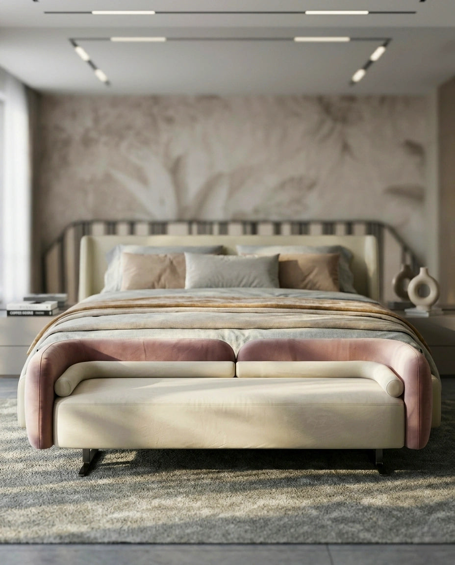 Beautiful premium two tone velvet bed end bench crafted by Arris Concepts Luxury Pvt. Ltd.