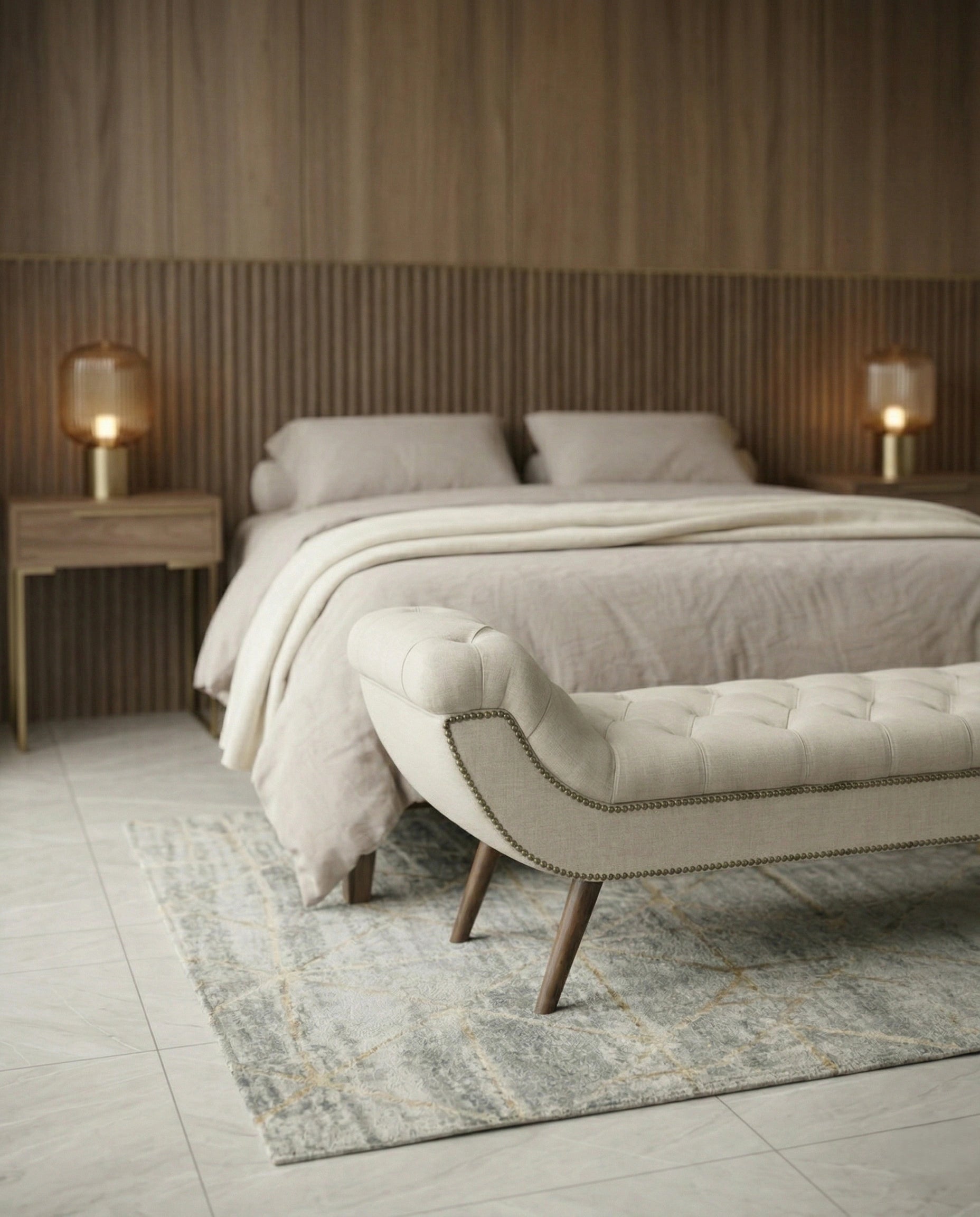 High-end foot of bed bench and premium beige tufted bed end bench crafted by Arris Concepts Luxury Pvt. Ltd.