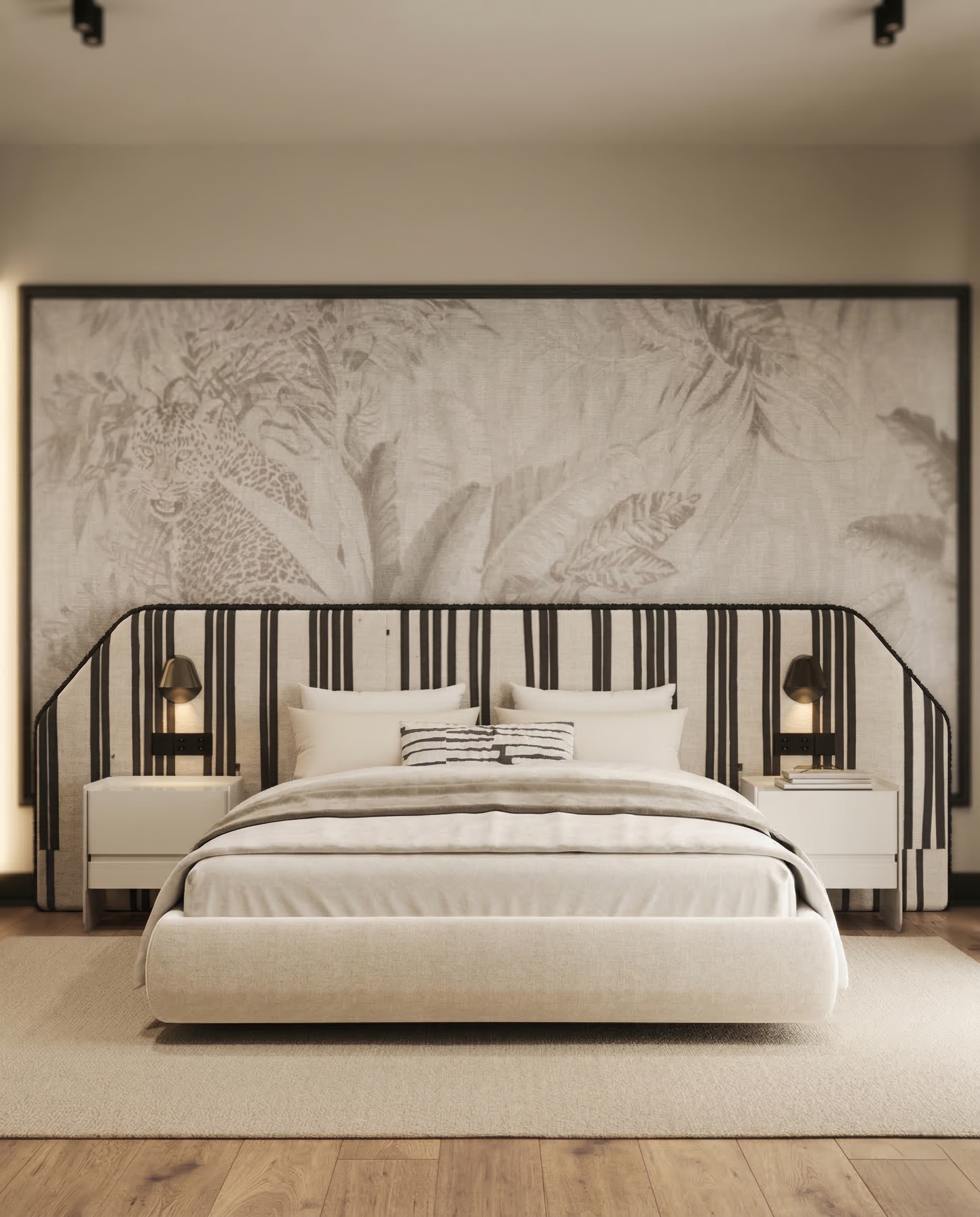 Beautiful premium black white striped king bed crafted by Arris Concepts Luxury Pvt. Ltd.
