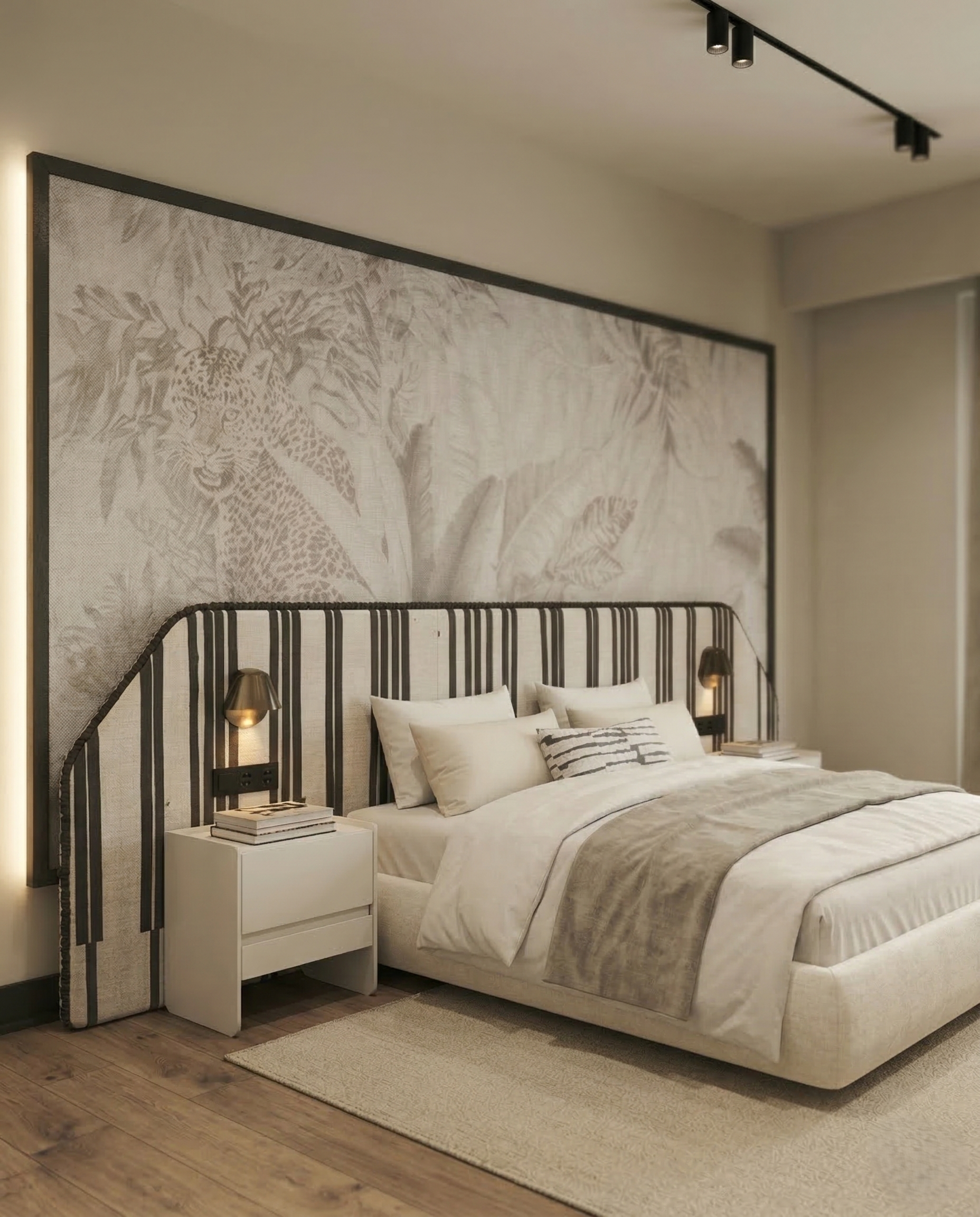 Beautiful premium black white striped king bed crafted by Arris Concepts Luxury Pvt. Ltd.