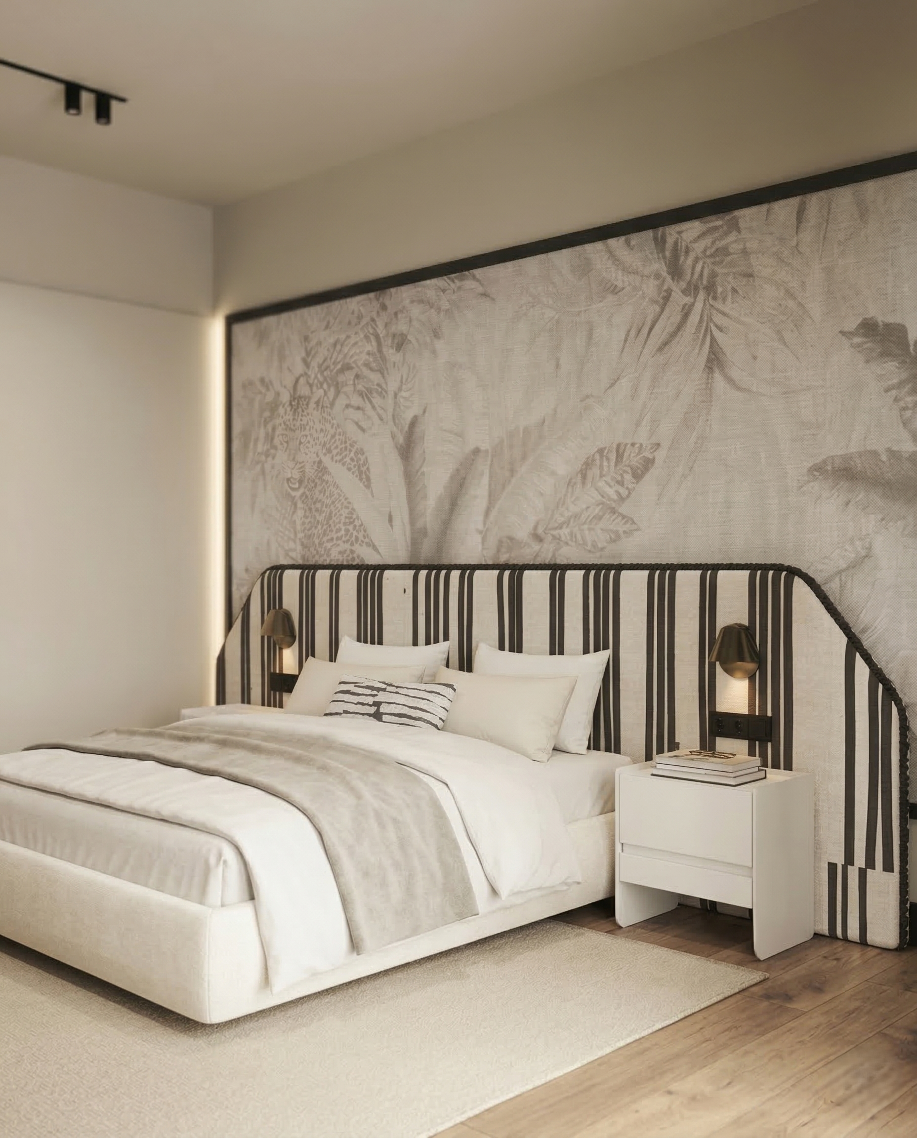 Beautiful premium black white striped king bed crafted by Arris Concepts Luxury Pvt. Ltd.