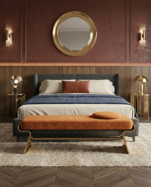 Architectural Cognac Leather & Brass Bed Bench Arris Concepts
