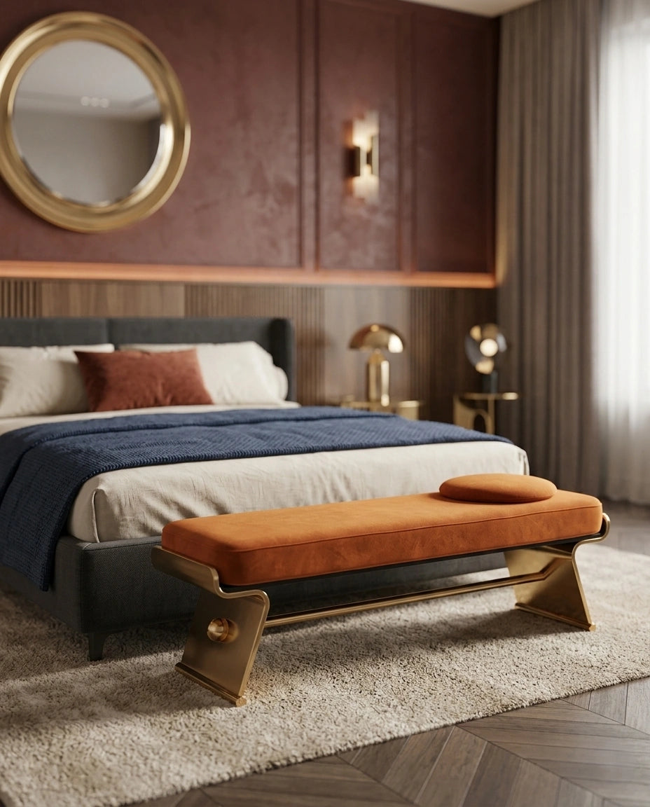 Architectural Cognac Leather & Brass Bed Bench Arris Concepts