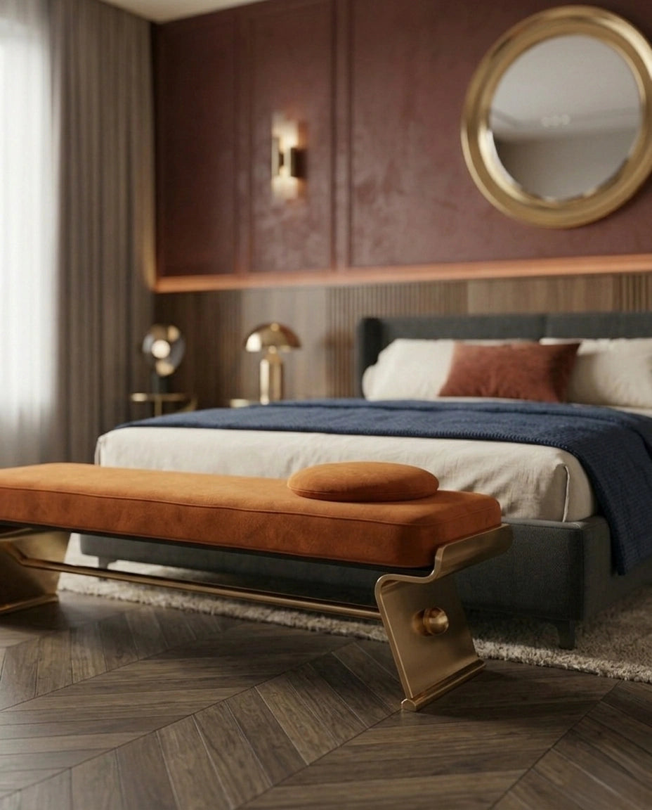 Architectural Cognac Leather & Brass Bed Bench Arris Concepts