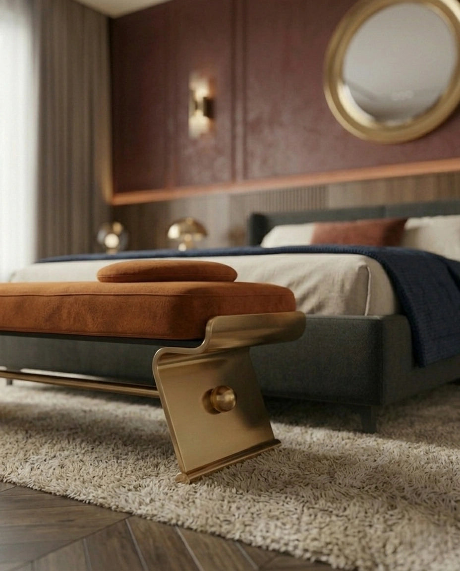 Architectural Cognac Leather & Brass Bed Bench Arris Concepts