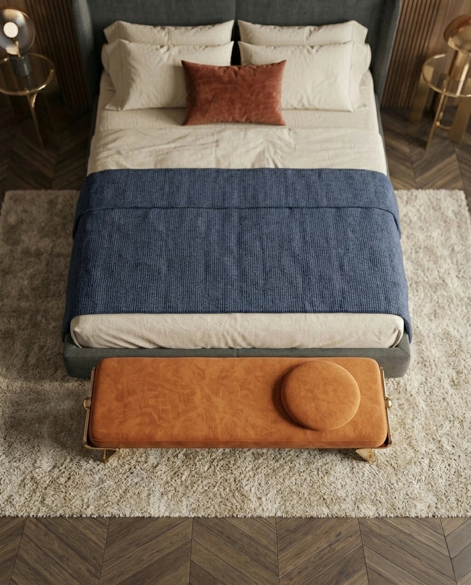 Architectural Cognac Leather & Brass Bed Bench Arris Concepts