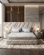 Extended Asymmetrical Channel Tufted Cream Platform Bed Arris Concepts