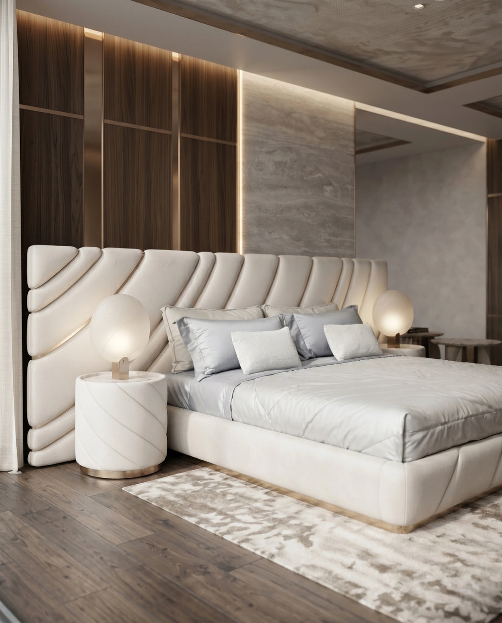 Extended Asymmetrical Channel Tufted Cream Platform Bed Arris Concepts