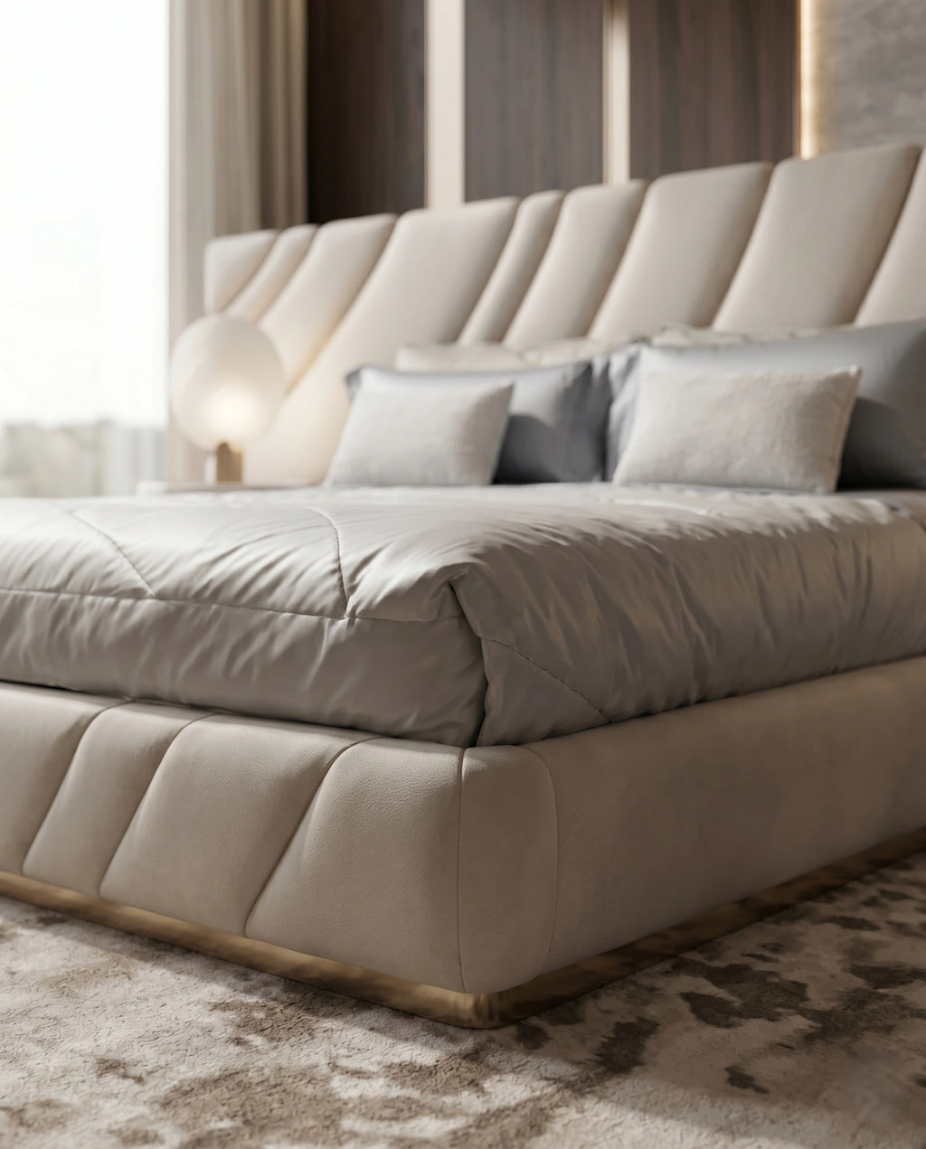 Extended Asymmetrical Channel Tufted Cream Platform Bed Arris Concepts