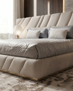 Extended Asymmetrical Channel Tufted Cream Platform Bed Arris Concepts