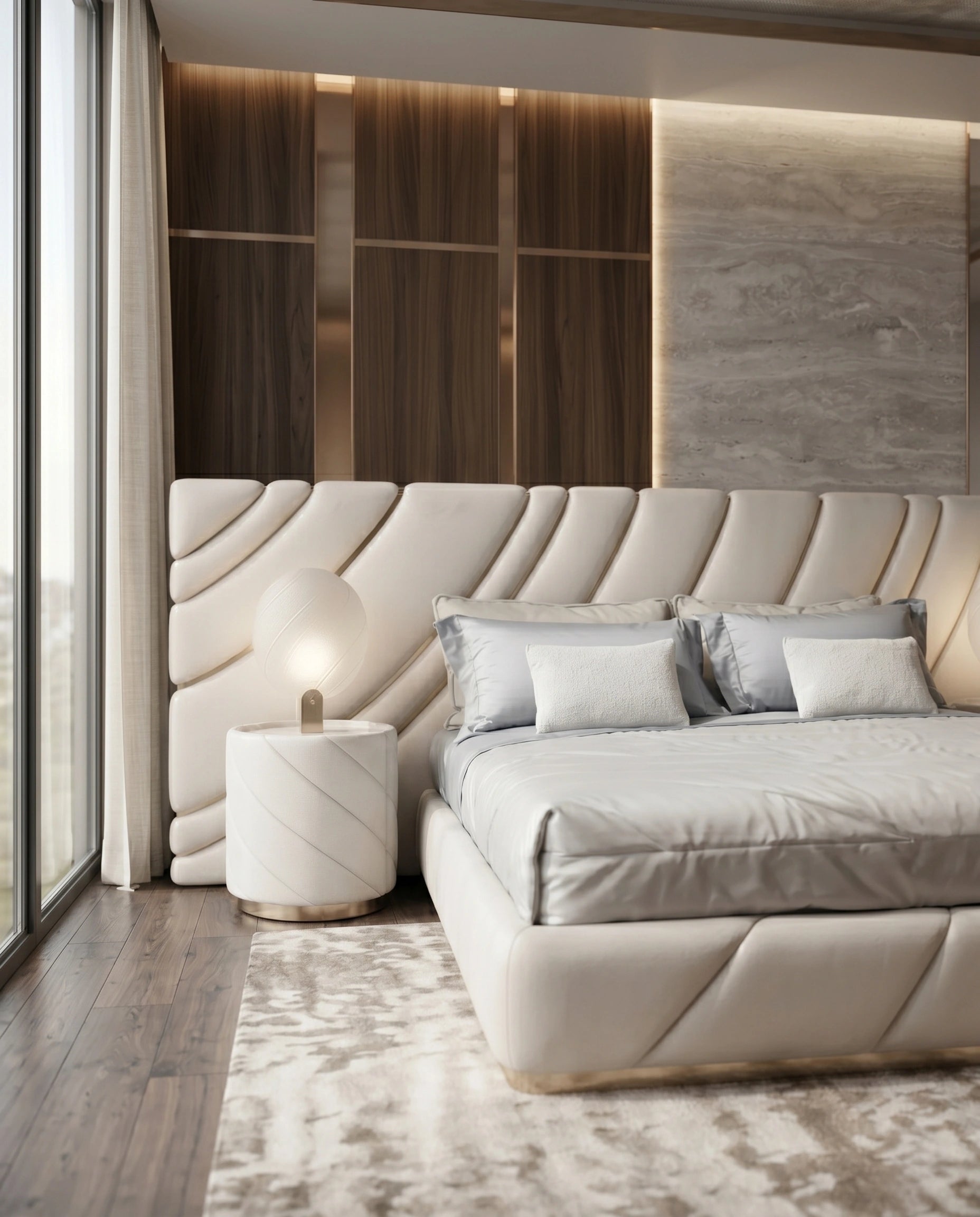 Extended Asymmetrical Channel Tufted Cream Platform Bed Arris Concepts