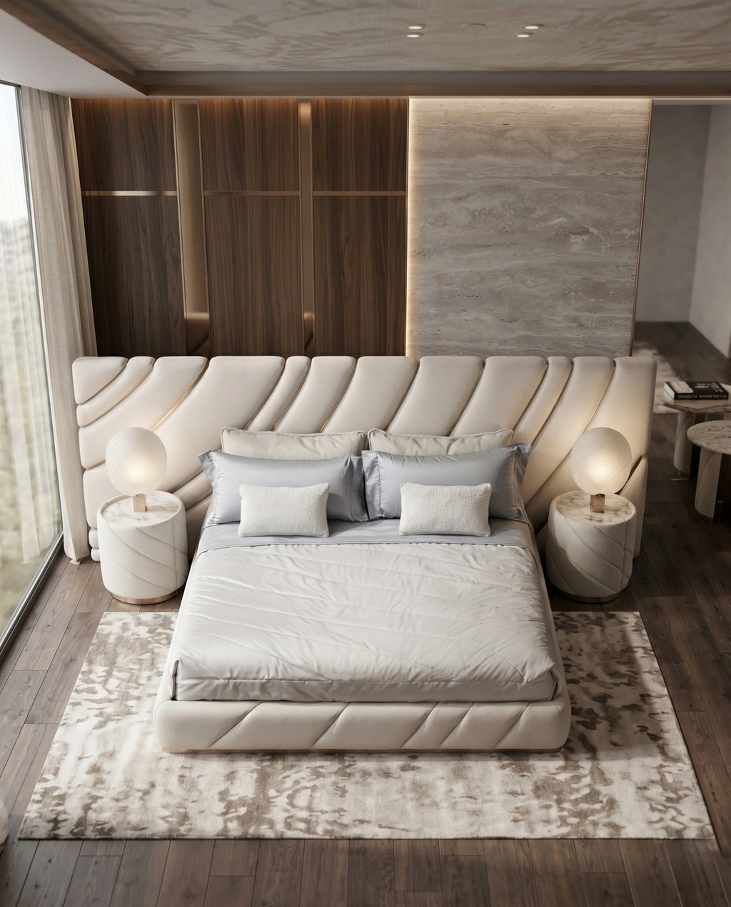 Extended Asymmetrical Channel Tufted Cream Platform Bed Arris Concepts