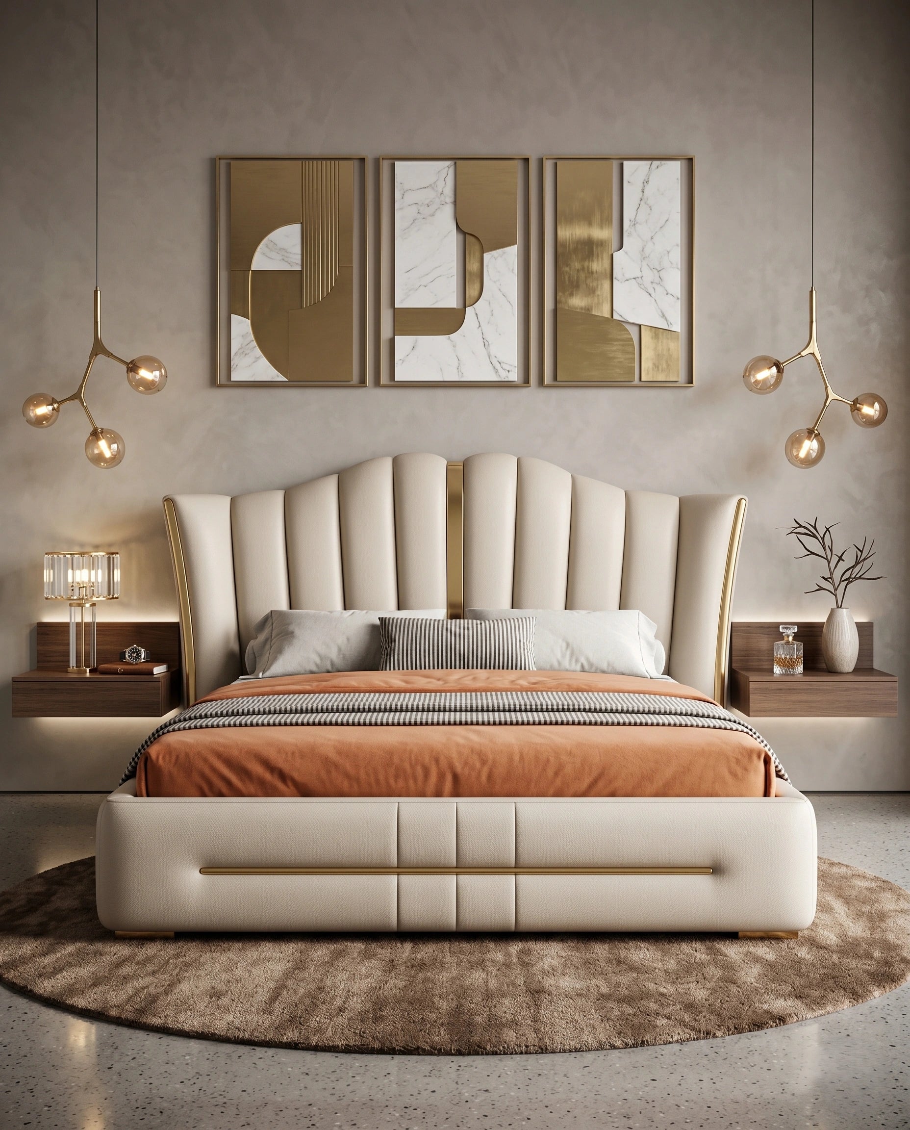 Ivory Fluted Wingback Bed with Brass Inlay Arris Concepts