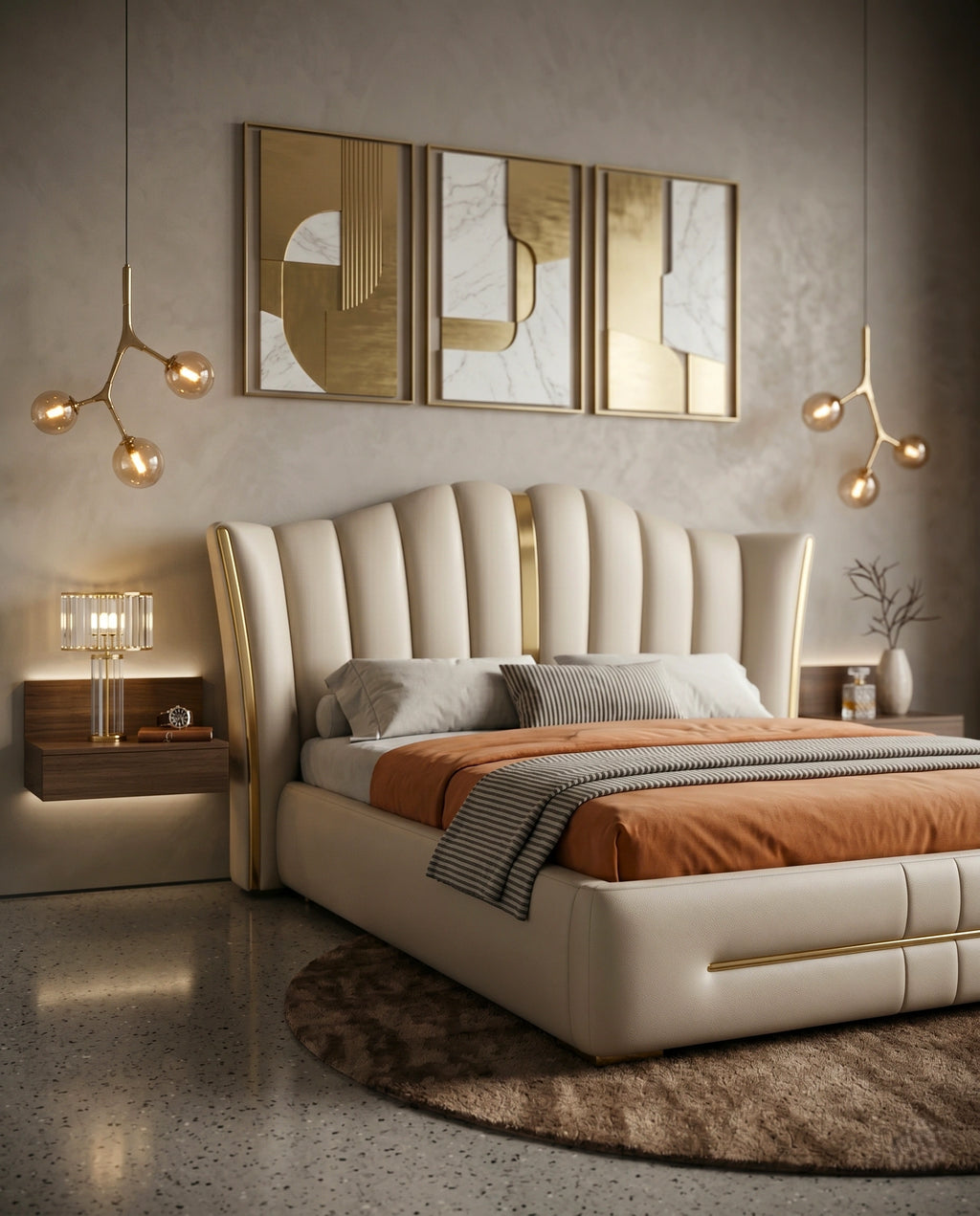 Ivory Fluted Wingback Bed with Brass Inlay Arris Concepts