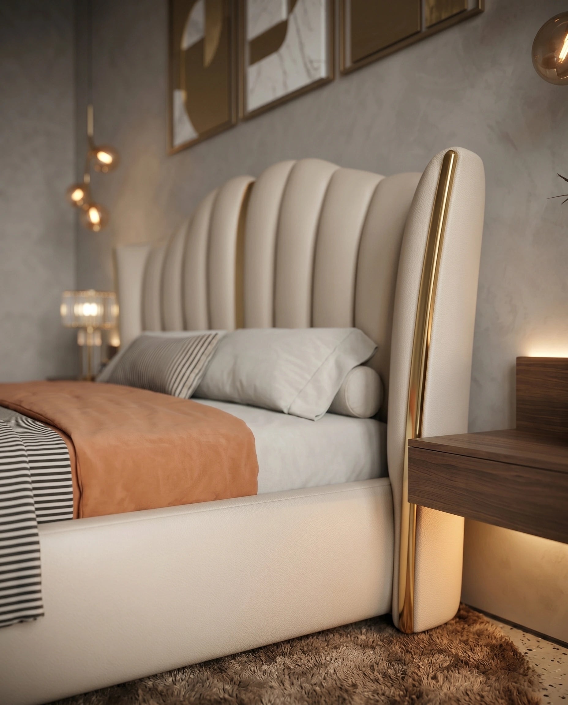Ivory Fluted Wingback Bed with Brass Inlay Arris Concepts