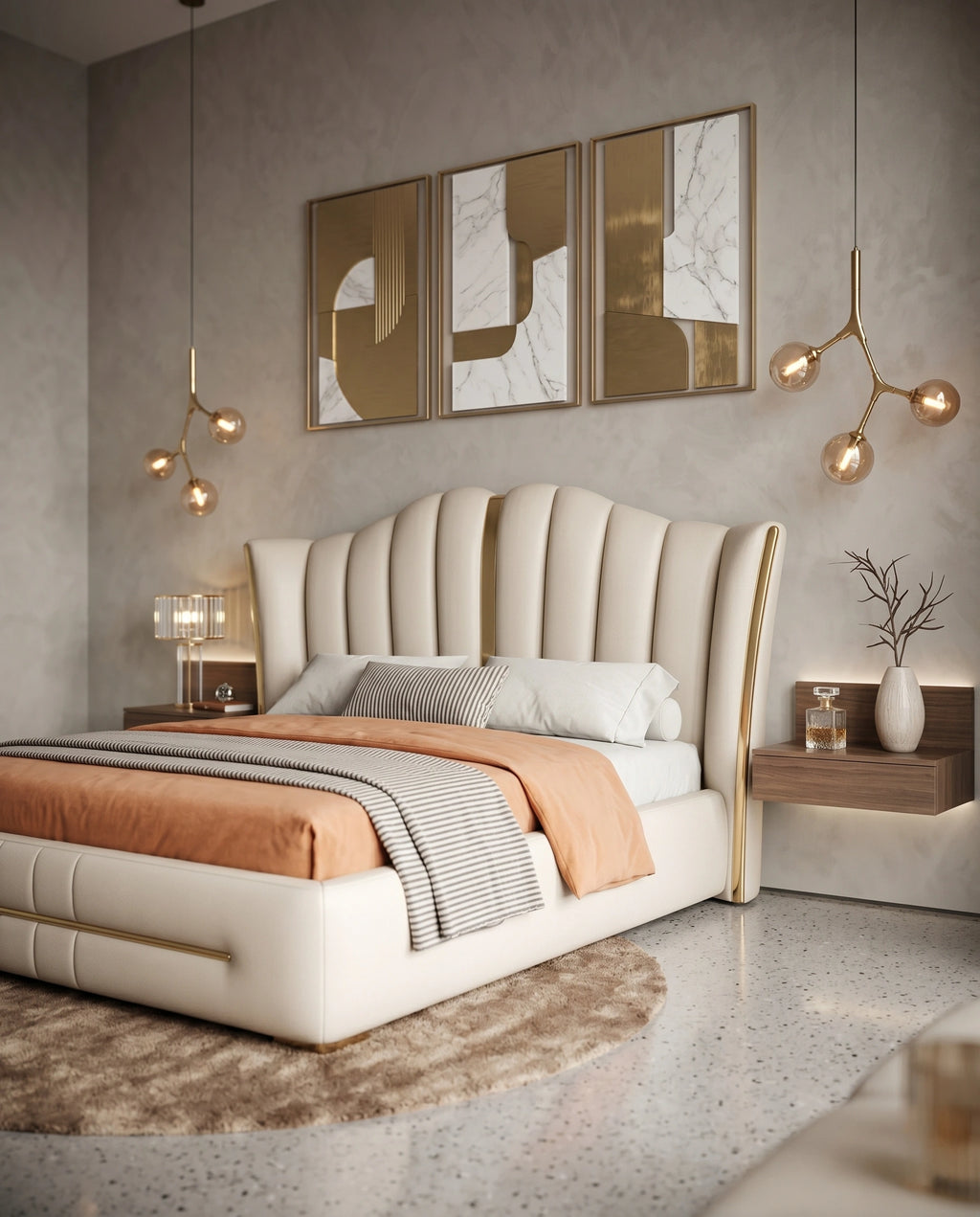 Ivory Fluted Wingback Bed with Brass Inlay Arris Concepts