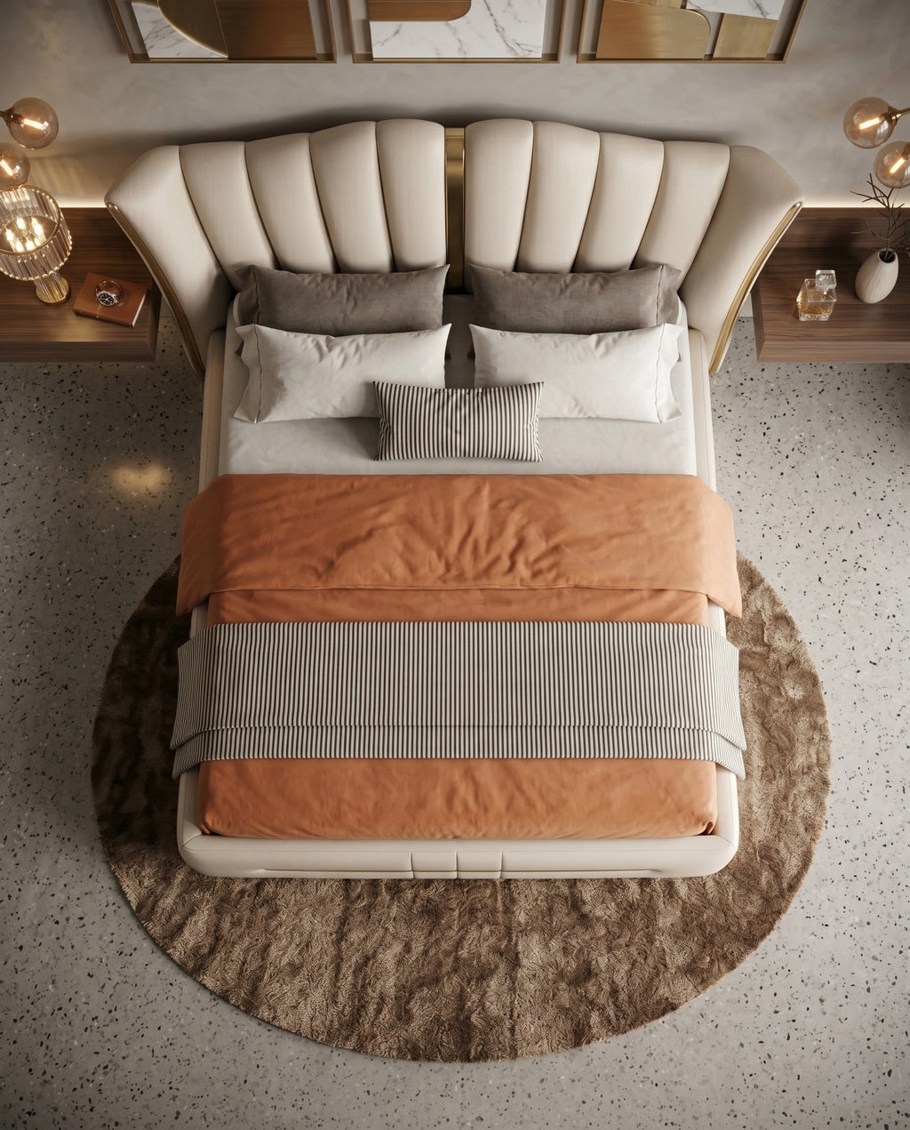 Ivory Fluted Wingback Bed with Brass Inlay Arris Concepts