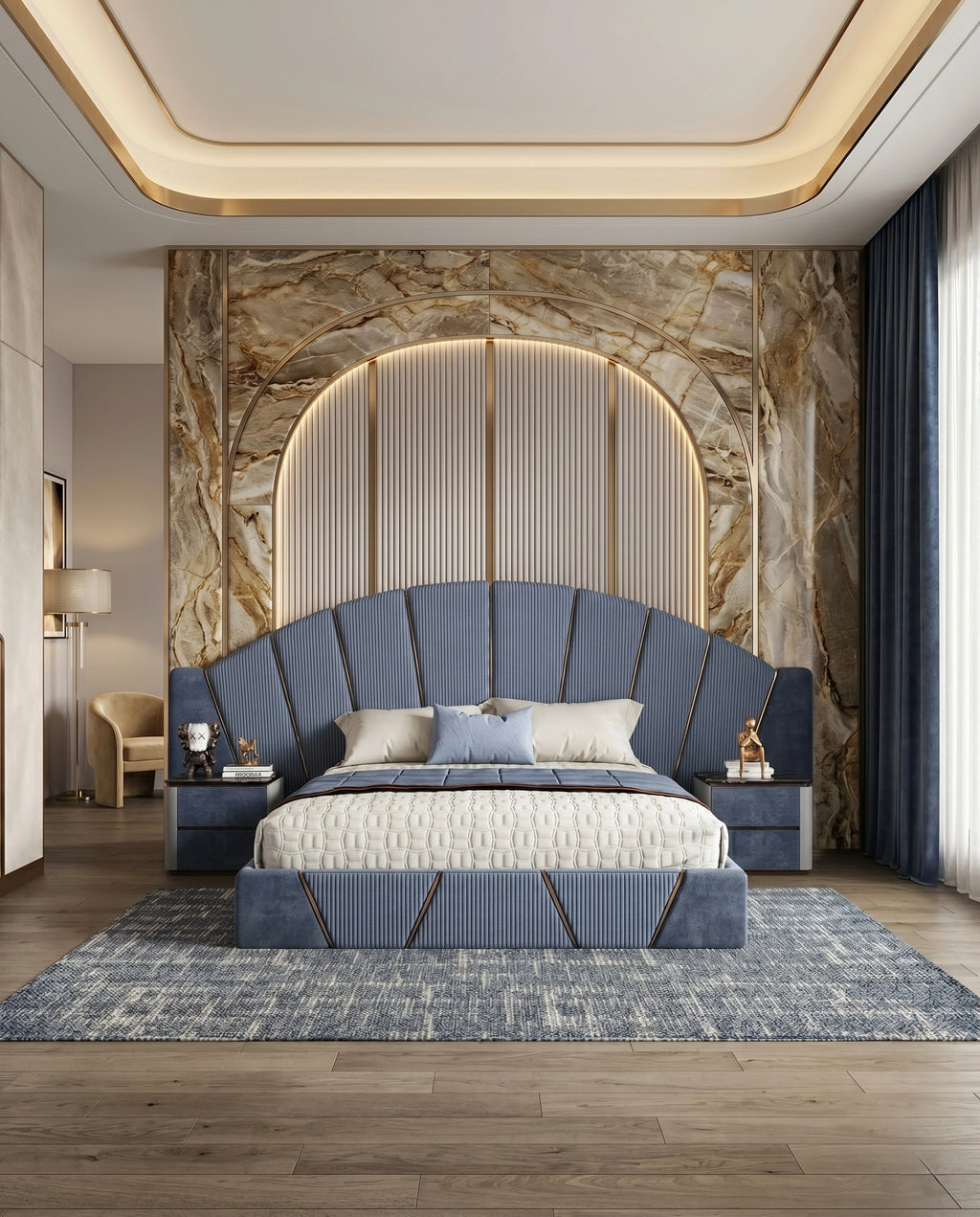 Architectural Art Deco Blue Velvet Sunburst Bed Arris Concepts