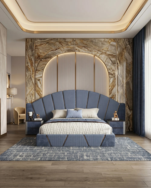 Architectural Art Deco Blue Velvet Sunburst Bed Arris Concepts