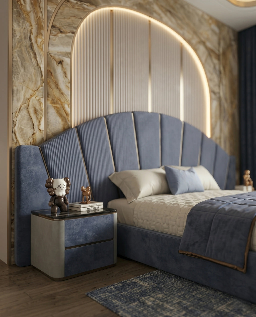 Architectural Art Deco Blue Velvet Sunburst Bed Arris Concepts