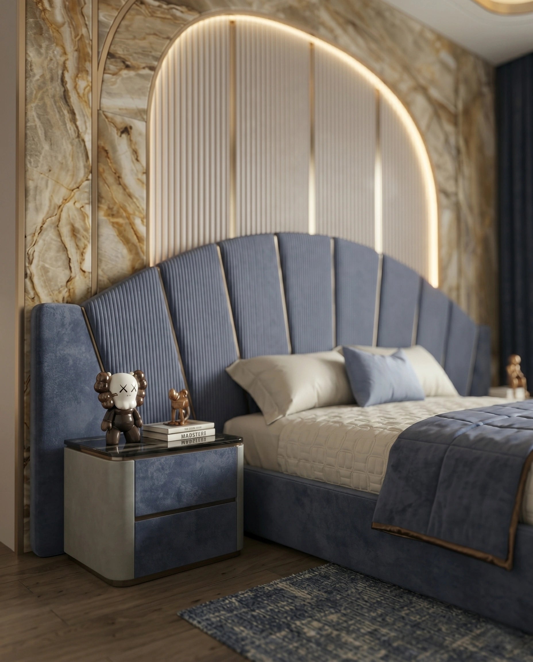 Architectural Art Deco Blue Velvet Sunburst Bed Arris Concepts