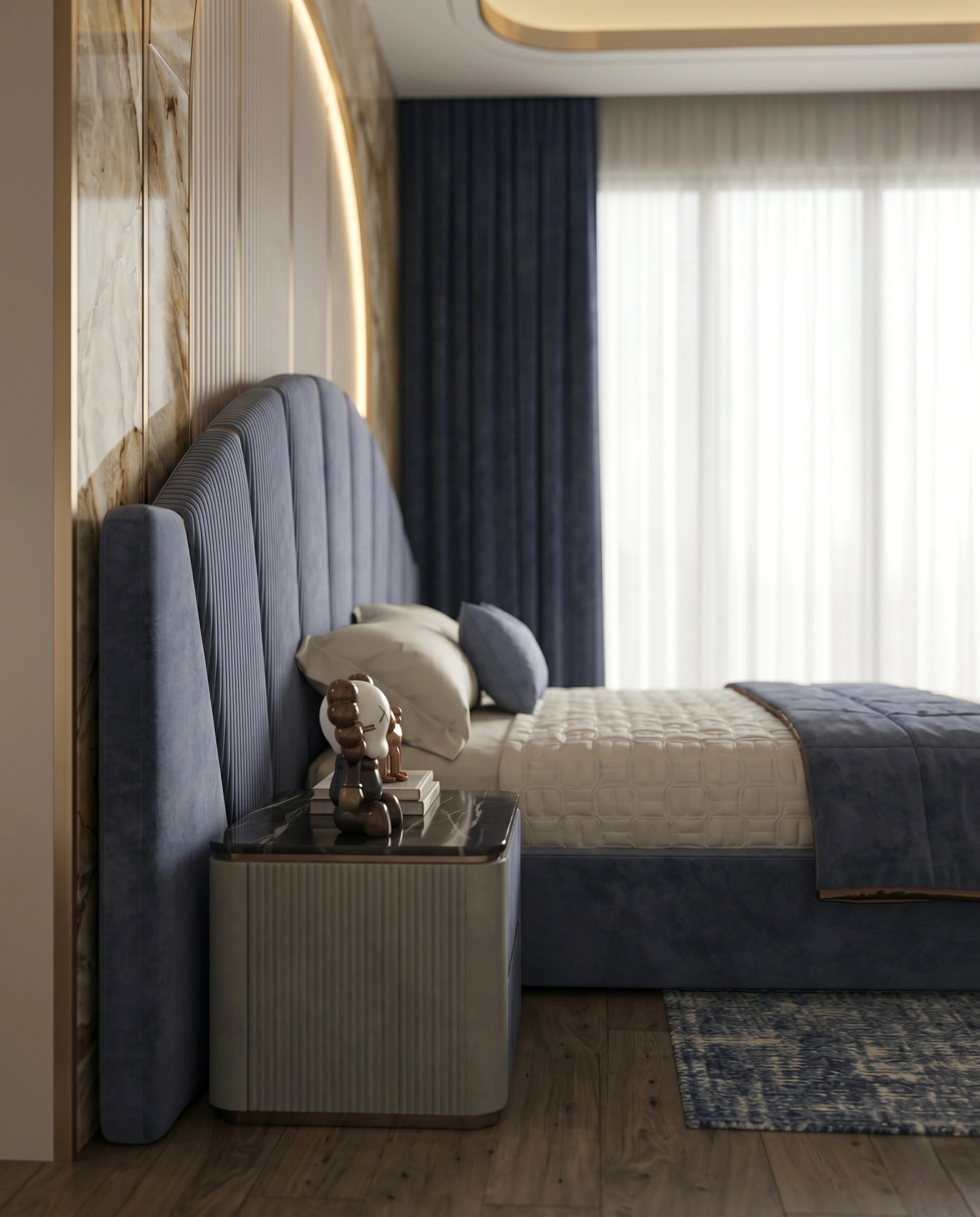Architectural Art Deco Blue Velvet Sunburst Bed Arris Concepts