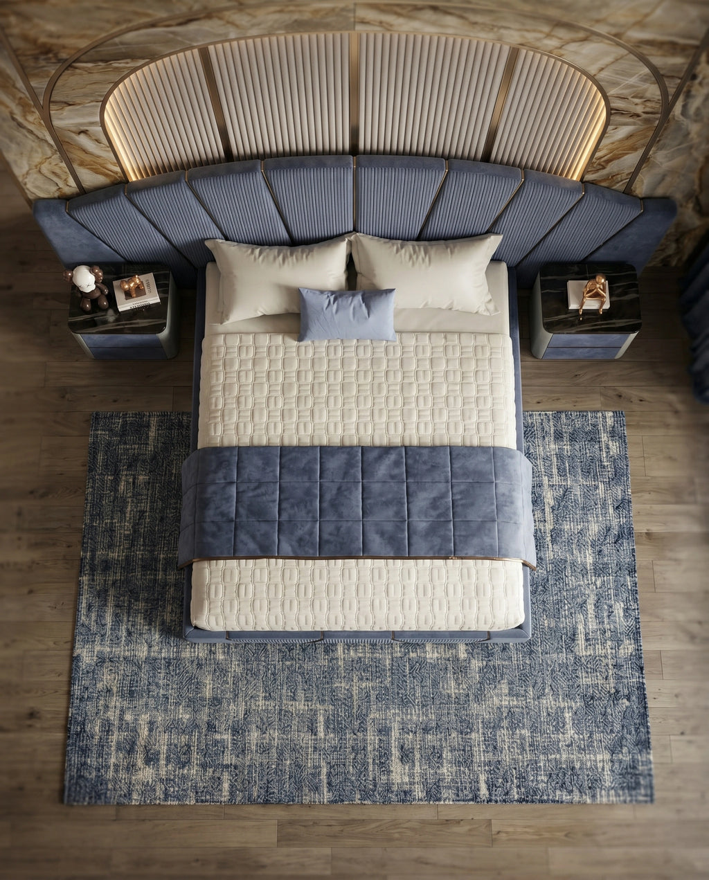 Architectural Art Deco Blue Velvet Sunburst Bed Arris Concepts