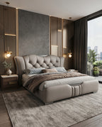 Sculptural Taupe Leather Tufted Platform Bed with Chrome Accents Arris Concepts