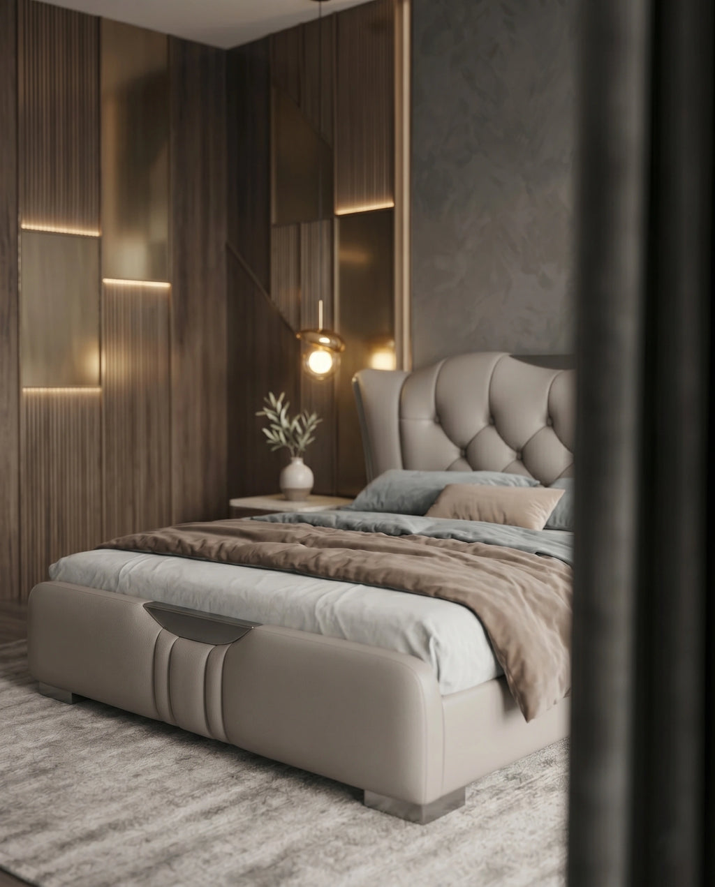 Sculptural Taupe Leather Tufted Platform Bed with Chrome Accents Arris Concepts