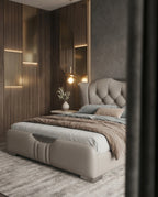 Sculptural Taupe Leather Tufted Platform Bed with Chrome Accents Arris Concepts