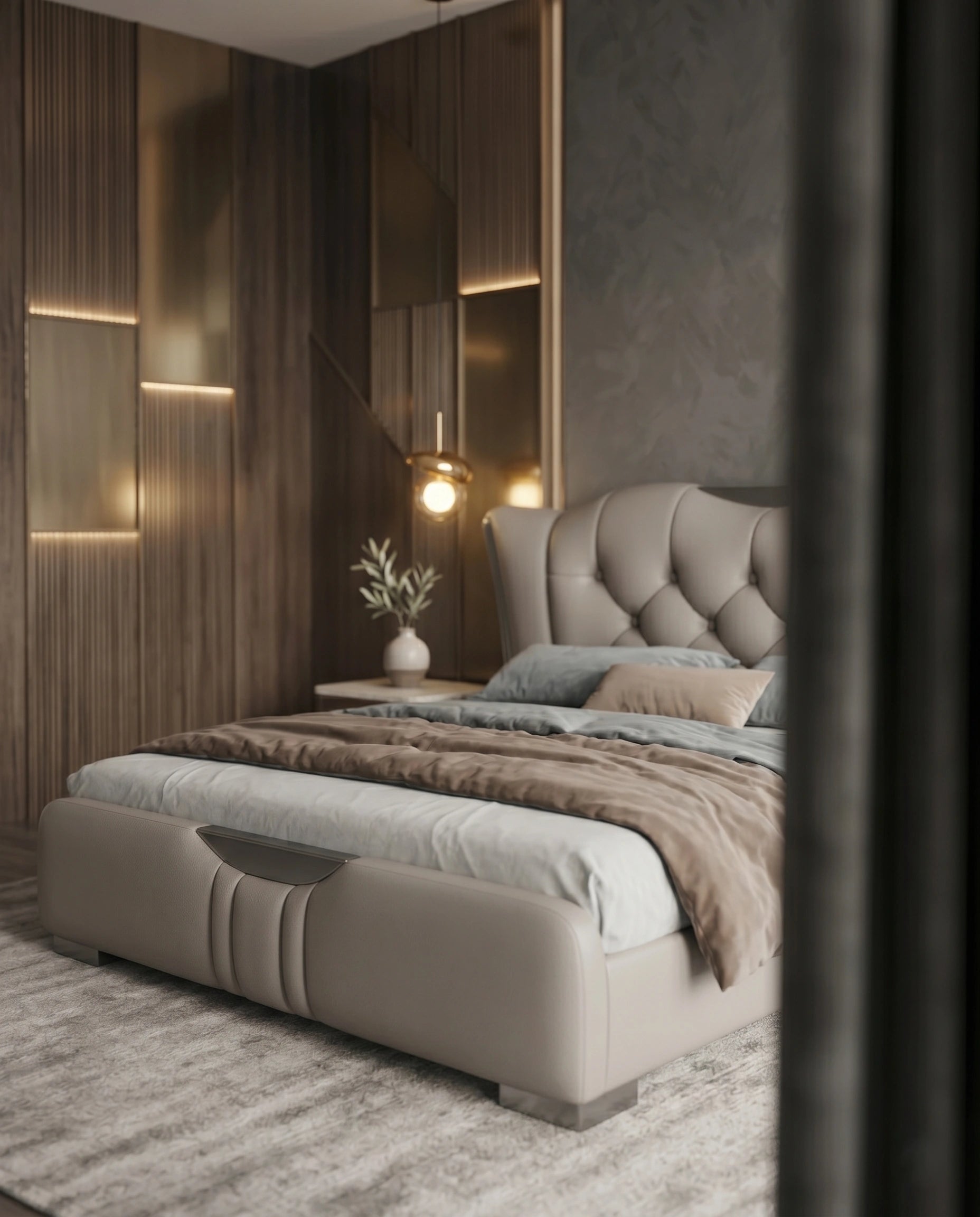 Sculptural Taupe Leather Tufted Platform Bed with Chrome Accents Arris Concepts