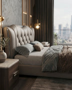 Sculptural Taupe Leather Tufted Platform Bed with Chrome Accents Arris Concepts