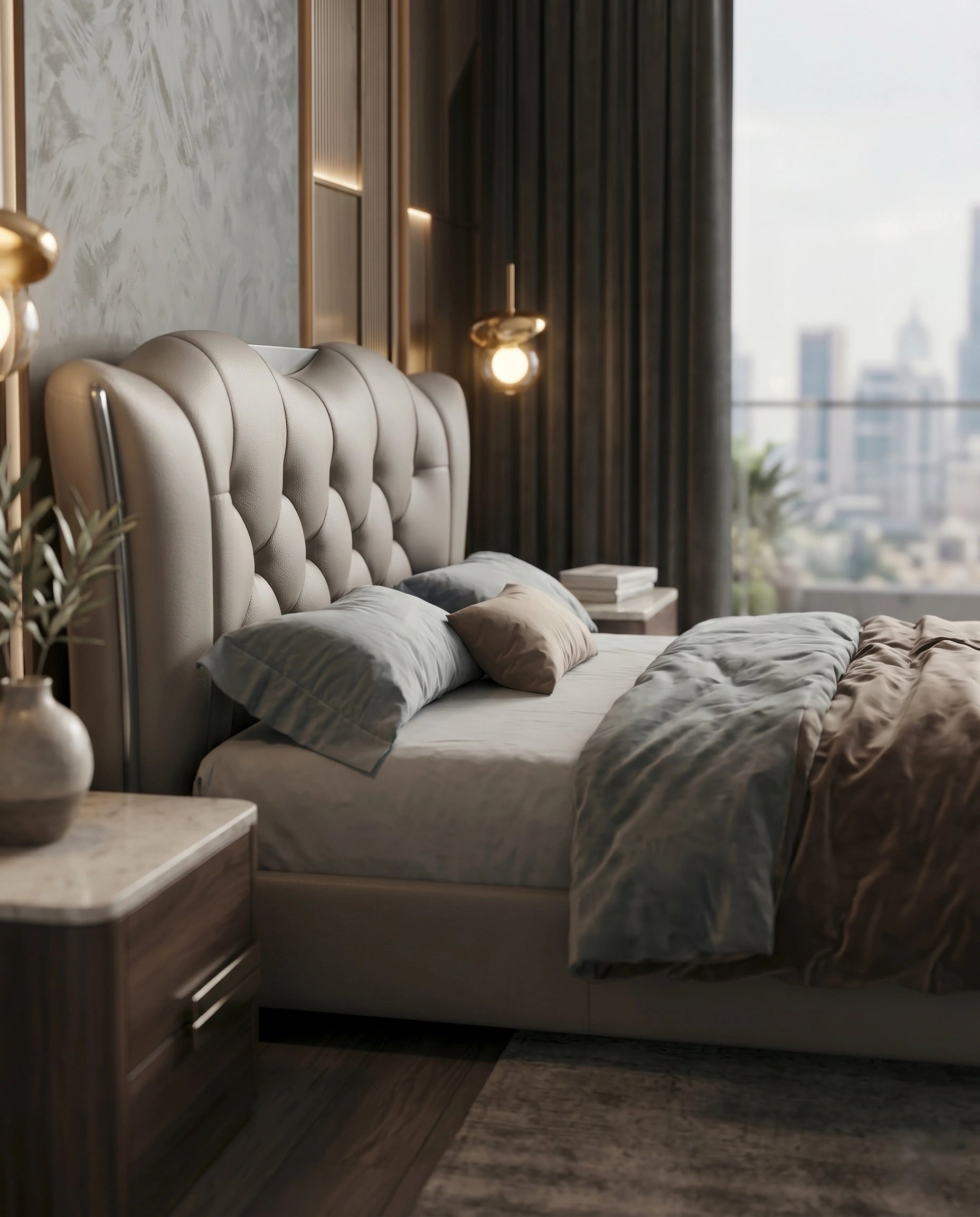 Sculptural Taupe Leather Tufted Platform Bed with Chrome Accents Arris Concepts