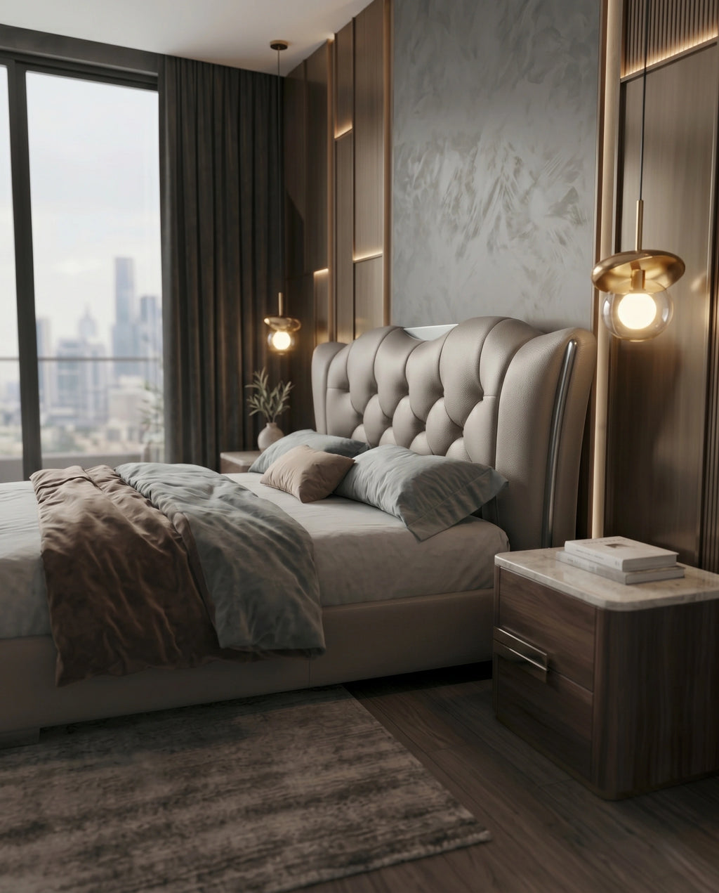Sculptural Taupe Leather Tufted Platform Bed with Chrome Accents Arris Concepts