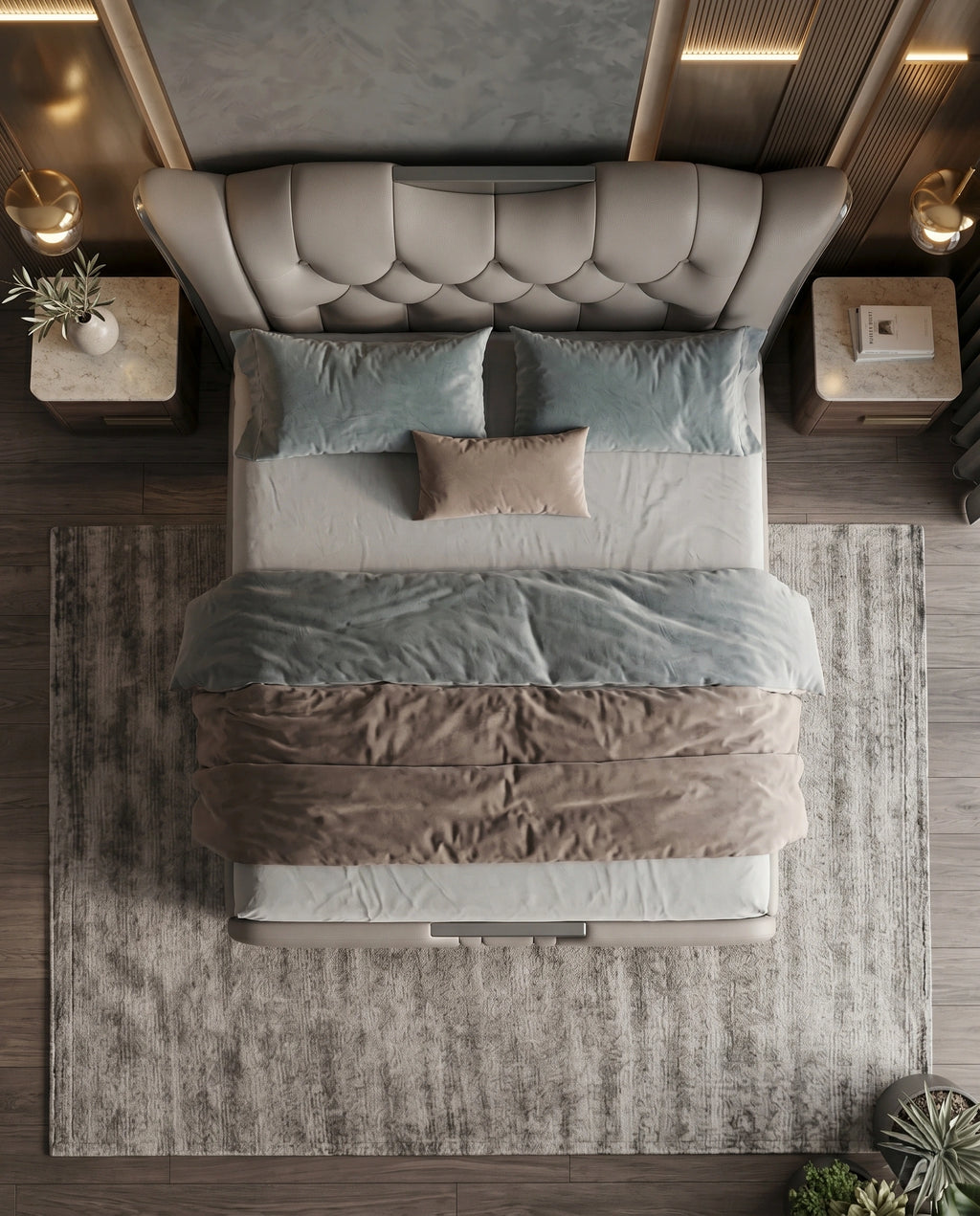 Sculptural Taupe Leather Tufted Platform Bed with Chrome Accents Arris Concepts